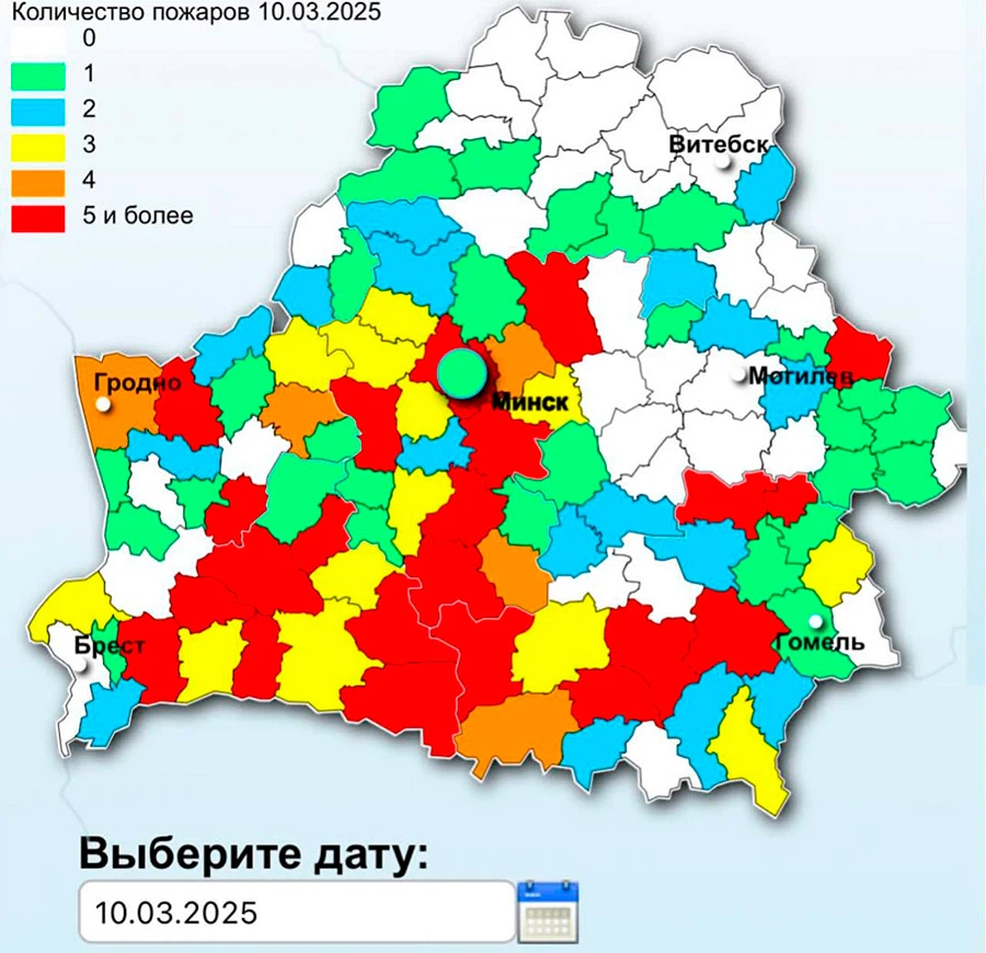 Случаи природных пожаров за 10 марта. Карта: Минприроды Беларуси